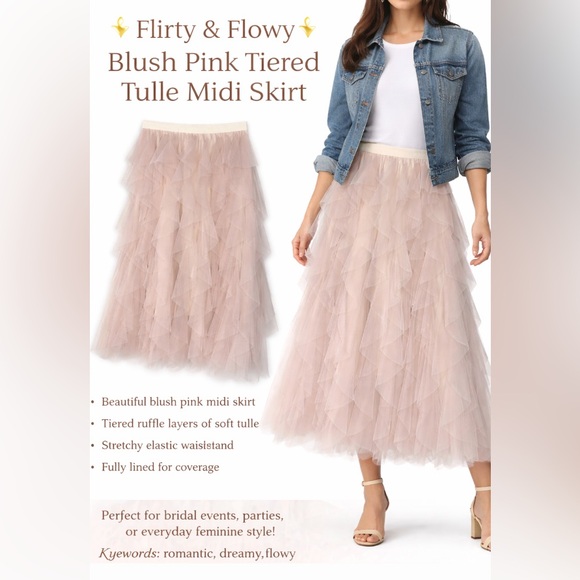 Blush Pink Tiered Tulle Midi Skirt | Romantic Flowy Ruffle Skirt | Elastic Waist - Picture 7 of 7